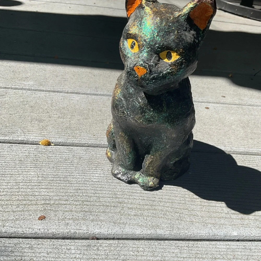 Vintage Tenna Flannel Glitter Black Cat Statue Paper Pulp 9”